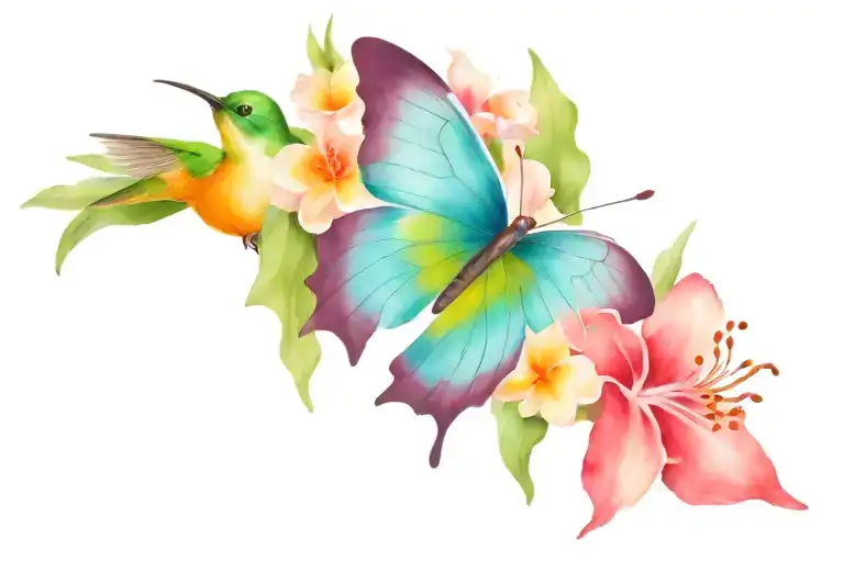 shoulder tattoo Hawaiian flower butterfly and colibri tattoo design idea