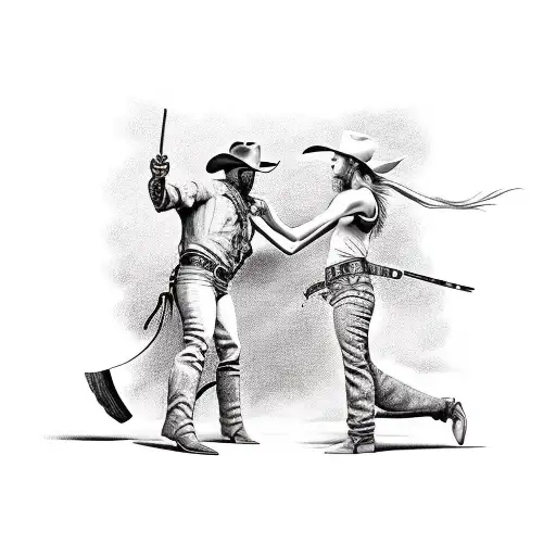 cowboy duel with a girl on one side and a guy on the other tattoo design idea