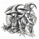 Dark Magician and Dark magician girl standing next to each other from yugioh tattoo design idea