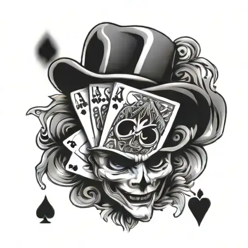 4 Poker cards arranged and joker hat tattoo design idea