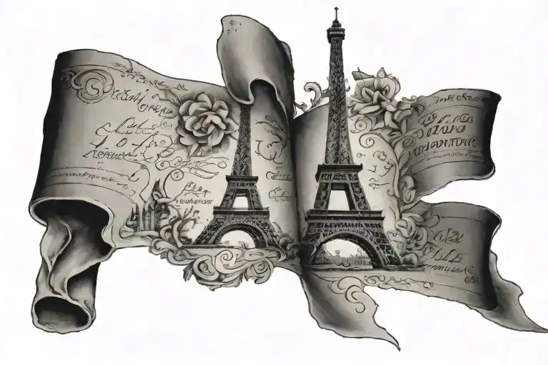 A French-inspired tattoo featuring the Eiffel Tower and a Bible quote about love, representing your passion for France and God tattoo design idea
