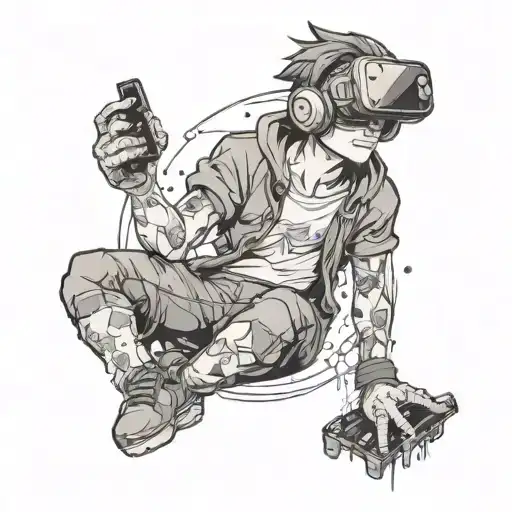 An anime-inspired tattoo of a character playing video games in a virtual reality setting, in dotwork style tattoo design idea