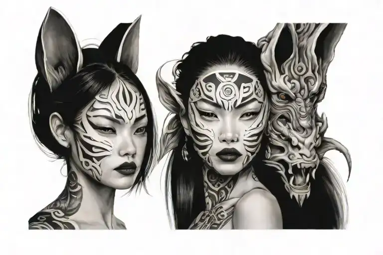 woman with broken oni mask and a kitsune in the background and Japanese style tattoo design idea