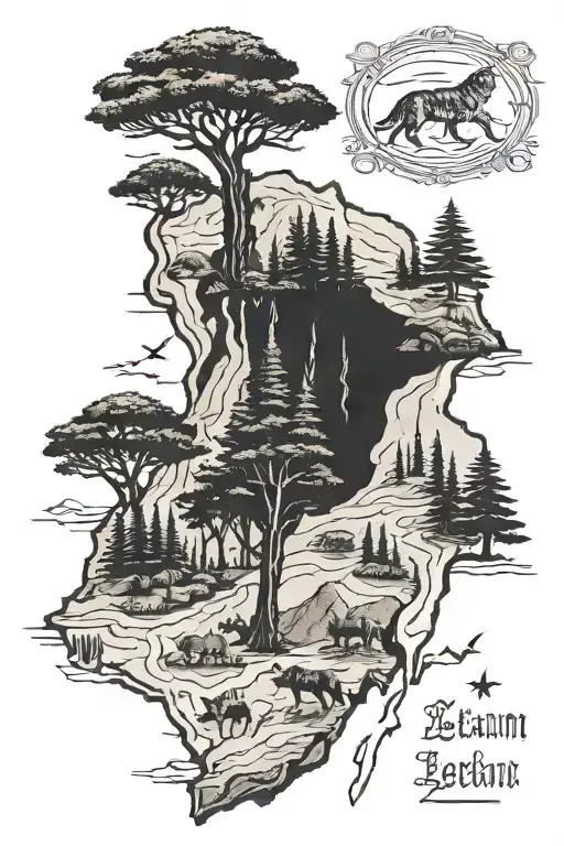 Lebanon map with cedar tree wolf howling ghada name  tattoo design idea