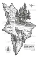 Lebanon map with cedar tree wolf howling tattoo design idea