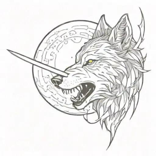 A wolf howling at the moon with a sword in its mouth, representing power and resilience tattoo design idea