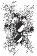 A drum set made out of intertwined branches and leaves, surrounded by towering mountains tattoo design idea