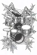 A drum set made out of intertwined branches and leaves, surrounded by towering mountains tattoo design idea