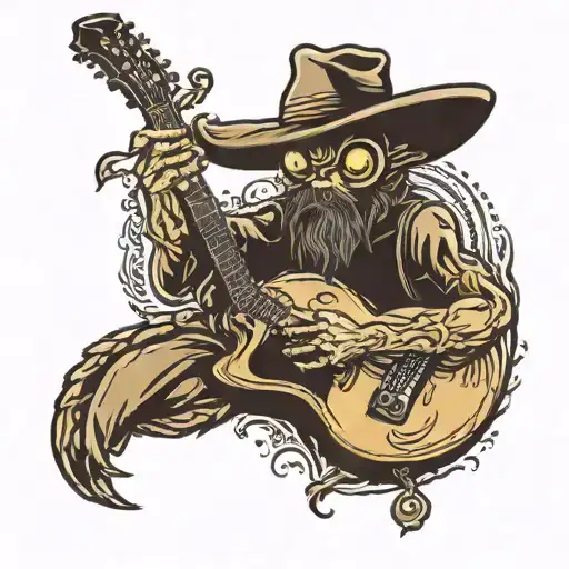 alien with black cowboy hat and fake beard playing black guitar tattoo design idea