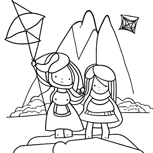 A minimalist representation of a daughter and wife holding kites on a mountain peak tattoo design idea