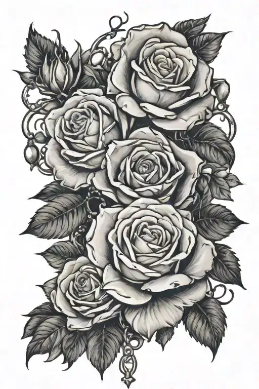 A detailed tattoo of roses intertwined with a rosary, extending from the wrist to the biceps, combining floral beauty  tattoo design idea