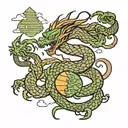 minimalist tattoo featuring the silhouette of Shenron, the iconic dragon from Dragon Ball Z, with the Dragon Balls arran tattoo design idea