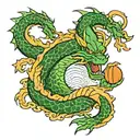 minimalist tattoo featuring the silhouette of Shenron, the iconic dragon from Dragon Ball Z, with the Dragon Balls arran tattoo design idea