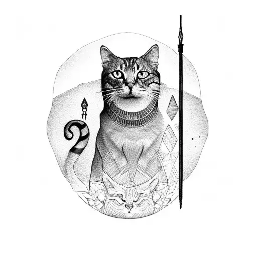 Egyptian-inspired nature scene with a meditating cat tattoo design idea