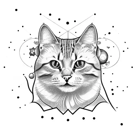 Astronomical cat surrounded by celestial bodies tattoo design idea