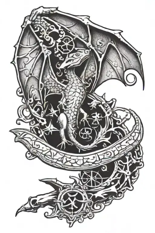 A lizards crawling on a gothic style bat wing with witchcraft symbols hidden within the design tattoo design idea