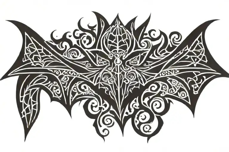 A tribal bat tattoo in black, featuring simple geometric patterns and tribal designs. The bat should have its wings exte tattoo design idea