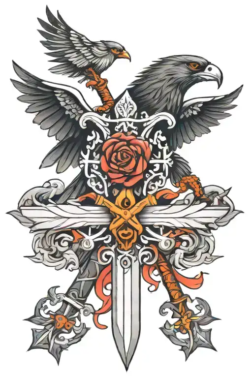 sword, fenix bird holding, cross made tattoo design idea