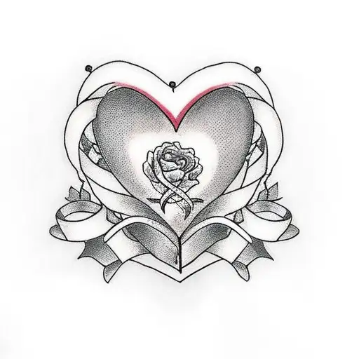 Design a traditional tattoo featuring a breast cancer ribbon intertwined with a heart tattoo design idea