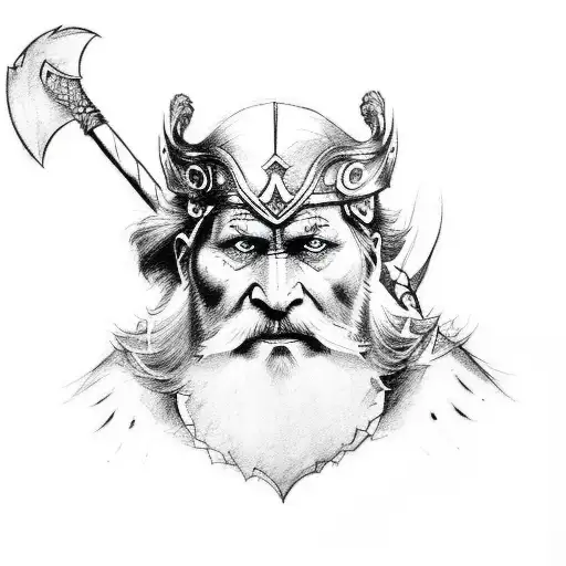 A sketch-style tattoo of Odin with his ravens and a battle axe tattoo design idea