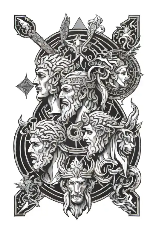 Grrek Gods Zeus at top followed by Athena Apollo Hera Hermes and Artemis tattoo design idea