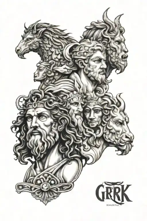 Grrek Gods Zeus at top followed by Athena Apollo Hera Hermes and Artemis tattoo design idea