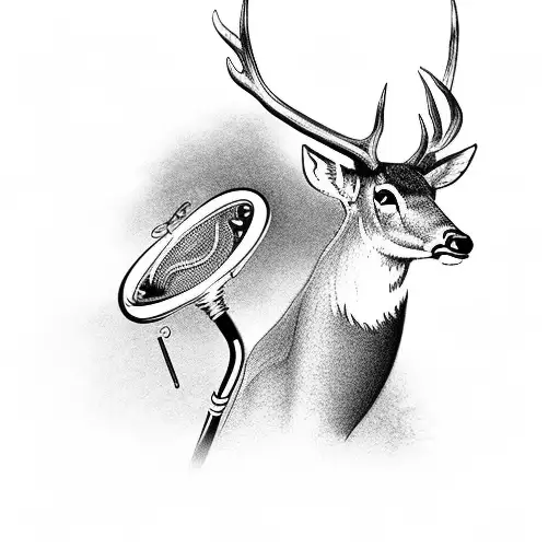 treble clef fishing pole, deer in background tattoo design idea
