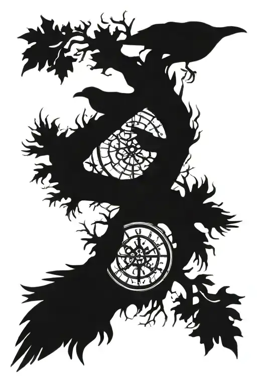 vegvisir symbol with ravens and an Yggdrasil tree at the bottom tattoo design idea