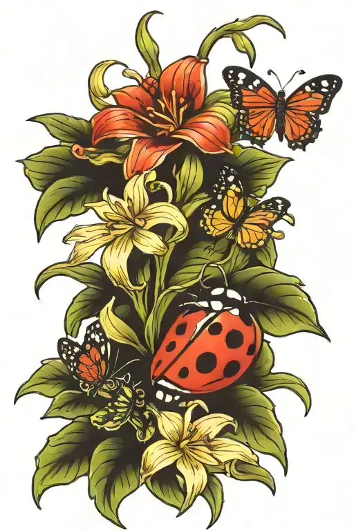 ladybug, lily, butterfly, and frog sitting tattoo design idea