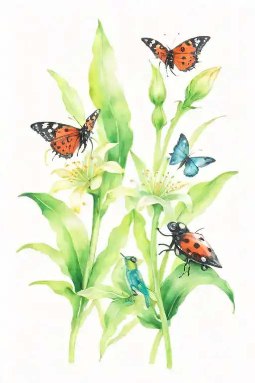 ladybug, lily, butterfly, and frog sitting tattoo design idea