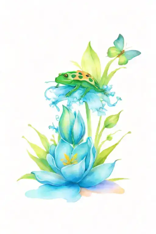 ladybug, lily, butterfly, and frog sitting tattoo design idea