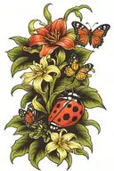 ladybug, lily, butterfly, and frog sitting tattoo design idea