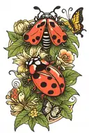 ladybug, lily, butterfly, and frog sitting tattoo design idea