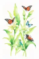 ladybug, lily, butterfly, and frog sitting tattoo design idea