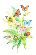 ladybug, lily, butterfly, and frog sitting tattoo design idea