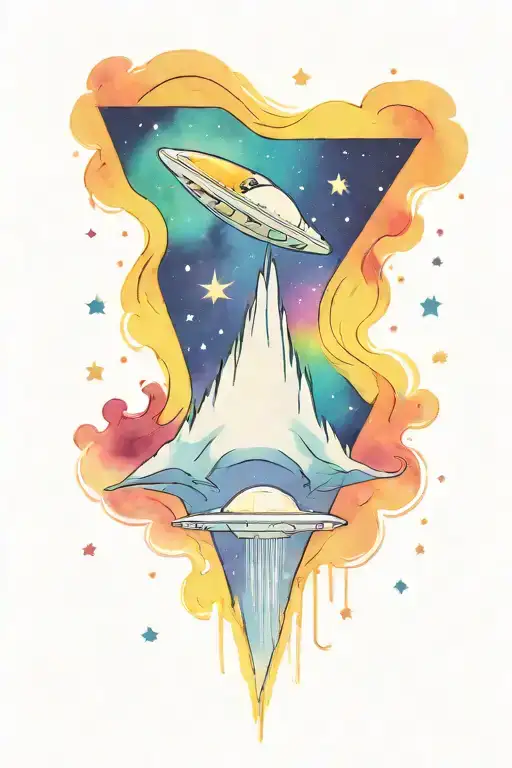 An LGBT flag waving in the wind with a UFO and galaxy background, surrounded by unicorns tattoo design idea