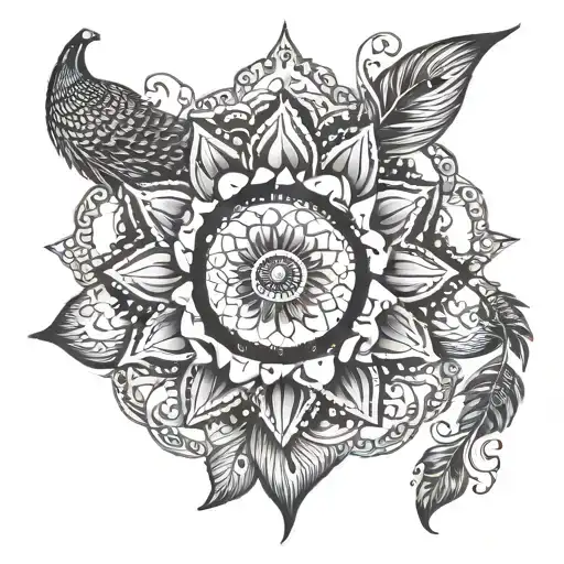 A traditional interpretation of the sudarshana chakra surrounded by elements representing favorite things like a lotus flower and a peacock feather tattoo design idea