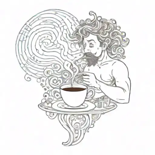 A surrealistic tattoo of a jobless figure sipping coffee while surrounded by swirling patterns inspired by the Sudharshana Chakra tattoo design idea