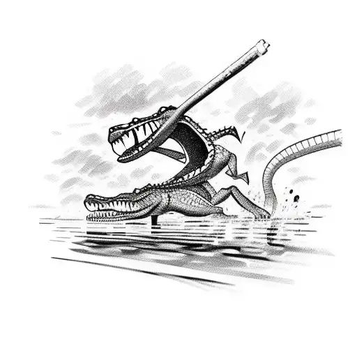 A crocodile boxing match being broadcasted on a television screen, with chairs arranged in a stadium-like setting tattoo design idea