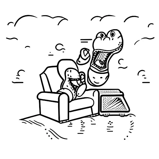 A crocodile wearing boxing gloves sitting on a chair, watching television tattoo design idea