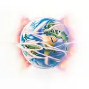 a spaceship in space, against the backdrop of an earth-like planet.  tattoo design idea