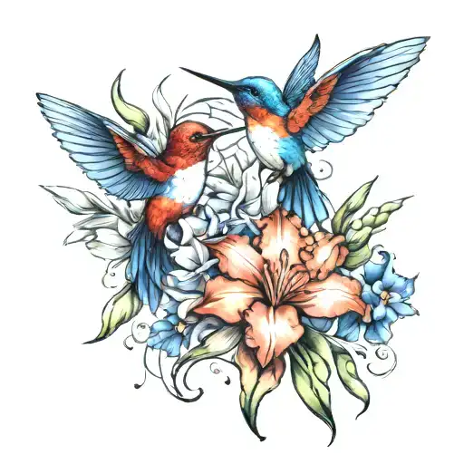 hummingbirds gladiola and iris flowers tattoo design idea