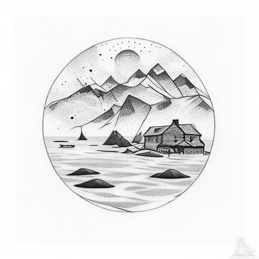 arm tattoo with norway landscape including water and having pokemon roaming tattoo design idea