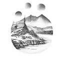 arm tattoo with norway landscape including water and having pokemon roaming tattoo design idea