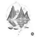 arm tattoo with norway landscape including water and having pokemon roaming tattoo design idea