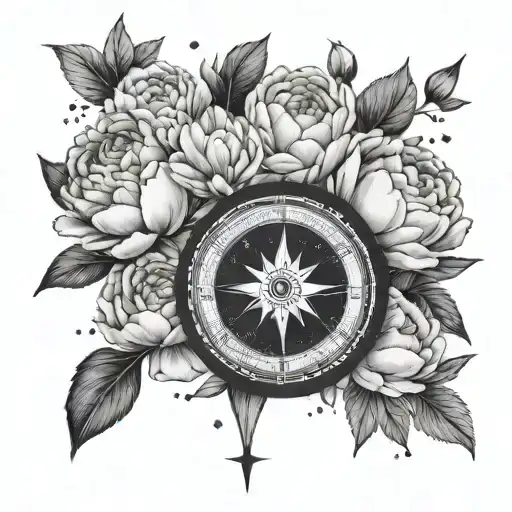 Virgo constellation, two Gemini constellations, peonies and a compass tattoo tattoo design idea