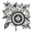 Virgo constellation, two Gemini constellations, peonies and a compass tattoo tattoo design idea