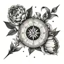 Virgo constellation, two Gemini constellations, peonies and a compass tattoo tattoo design idea