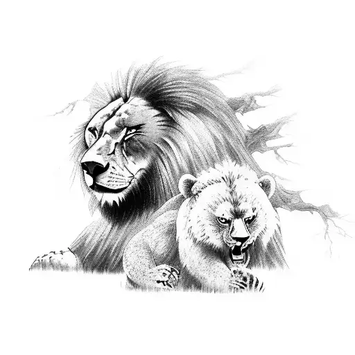 A manga-inspired scene of a lion and a bear teaming up to explore a mystical forest tattoo design idea