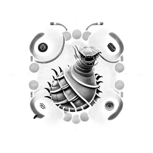 A black-grey tattoo of the sandworm from Dune surrounded by video game controller buttons tattoo design idea